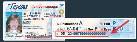 Sample Texas driver license with the DD audit number highlighted in the lower-left corner